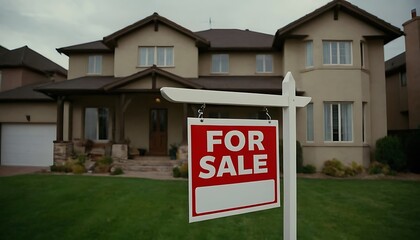 For Sale Real Estate Sign in Front of Beautiful House.For sale red sign in front of a beautiful classic suburban house, real estate concept, residential home for sale, new property,2