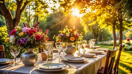 Elegant Outdoor Dining Setup: Professional Event Catering, Luxury Table Setting,  Rustic Chic, Garden Party, Summer Dinner