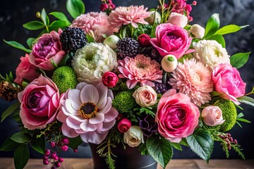 Elegant Pink Black White Floral Arrangement Botanical Decor Design Stock Photo