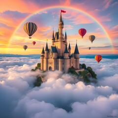 A dreamy castle in the clouds, surrounded by colorful skies, floating hot air balloons, and rainbows stretching across the horizon