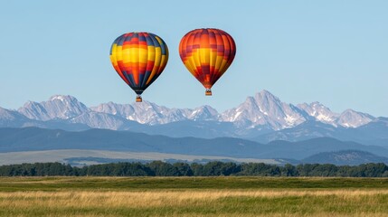 Naklejka premium Two Hot Air Balloons Soaring Over Majestic Mountains