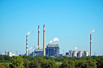 Obraz premium A waste incineration plant with tall smokestacks and large storage areas for garbage. The background shows a clear blue sky and green trees surrounding the facility