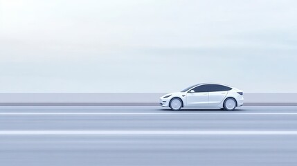 Obraz premium Sleek White Electric Car Driving on Empty Highway