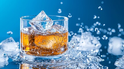 A glossy cola glass brimming with ice, surrounded by a cool mist effect, set against a deep sky blue background, evoking a chilled sensation