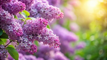Obraz premium Close-up view of vibrant purple lilac blossoms bathed in sunlight