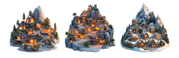 Cozy Winter Village on Snowy Mountain Landscape