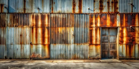 Rustic corrugated metal wall with aged door and weathered concrete ground