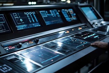 Fototapeta premium Technician Operating Control Panel in High-Tech Conveyor System for Manufacturing Efficiency