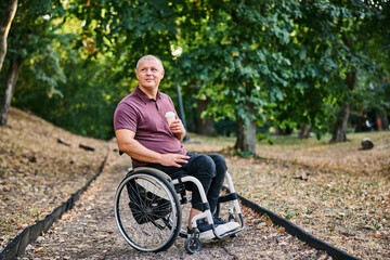 Man in Wheelchair Enjoying a Peaceful Walk in Nature