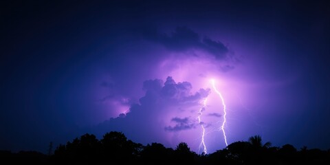 Night Sky Illuminated by a Powerful Bolt of Purple Lightning Striking Through Dark Clouds Above a Silhouetted Treeline