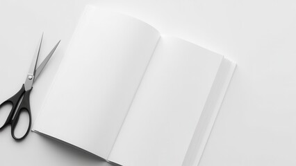 A clean magazine mockup with scissors on a neutral background, showcasing blank glossy pages under soft lighting.