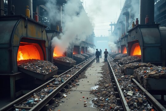 An industrial waste incineration workshop with large furnaces and conveyor belts. The scene includes workers monitoring the process and clouds of steam rising in the background