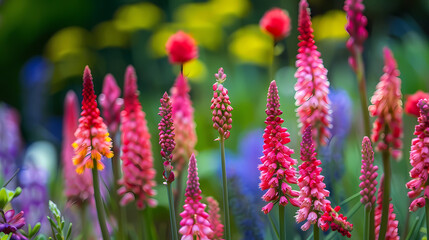 Vibrant Blooms: A captivating close-up of a vibrant array of pink, red, and purple flowers in full bloom. The flowers stand tall against a lush green background.