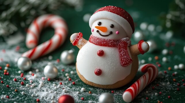 Festive gingerbread snowman surrounded by candy canes and holiday decorations on a green tabletop - Powered by Adobe