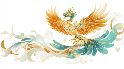 Fototapeta premium A golden phoenix in a dynamic pose, elegant and intricately detailed feathers, centered on a pristine white background