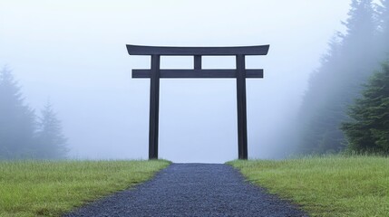 Serene Foggy Path to Wooden Torii Gate in Misty Forest