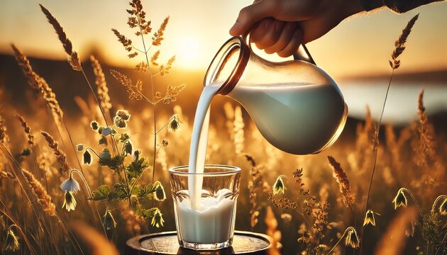 A serene countryside scene during golden hour, featuring a close-up of pea milk being poured from a pitcher