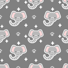 Seamless pattern vector with cute flat style elephant on grey background