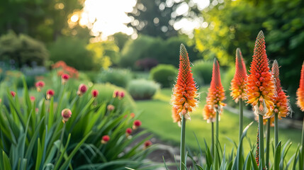Sunset Garden Serenity:  Five vibrant Kniphofia flowers stand tall, bathed in the warm glow of the setting sun, amidst a lush, green garden.  A tranquil scene of natural beauty. 