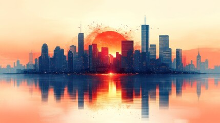 Fototapeta premium City skyline at sunset reflecting on water