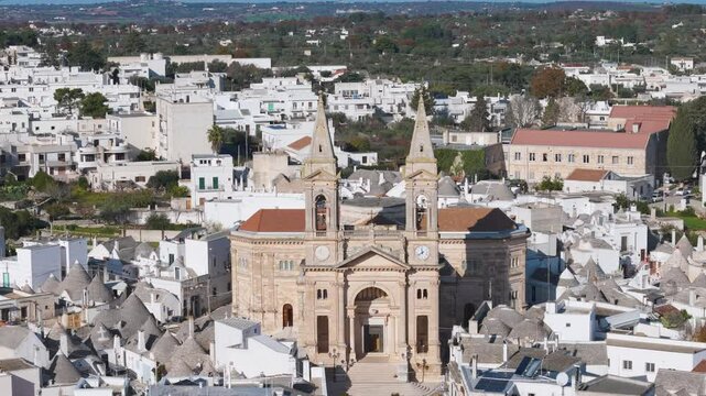 Aerial drone view of the church and town center in Alberbello, Puglia southern Italy