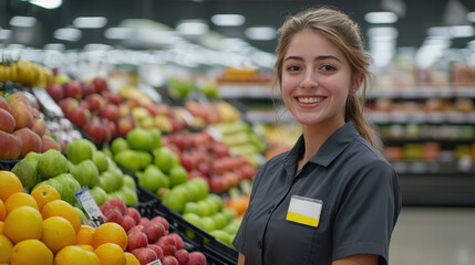 Cheerful Female Grocery Store Worker in Uniform Smiling at Camera
