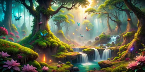 Obraz premium Fantasy Forest Photography: Glowing Butterflies, Mystical Panoramic Landscape, Enchanted Nature Scene