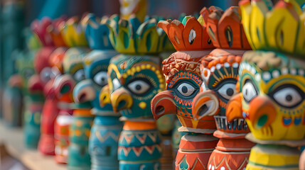 Vibrant Handcrafted Bird Statues: A row of colorful, intricately painted terracotta bird statues, showcasing traditional Indian craftsmanship and artistry. Each statue boasts unique details.