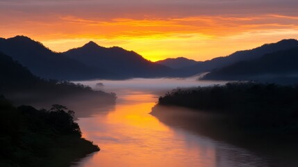 Obraz premium Serene Sunrise over Misty River and Mountains