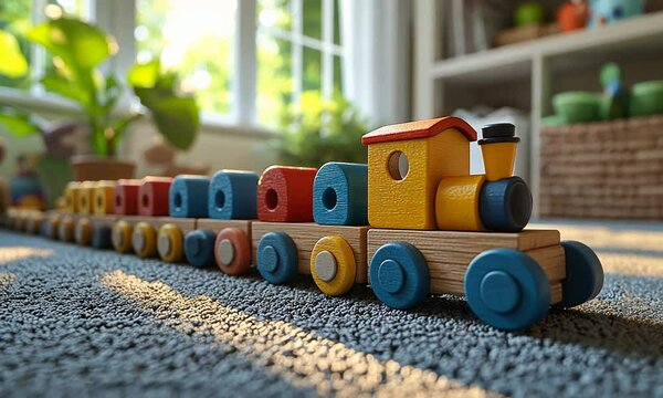 A colorful wooden toy train set on a carpet, bathed in warm sunlight.