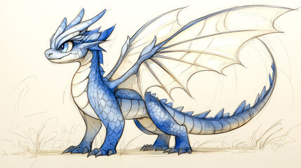Cute baby blue dragon illustration.
