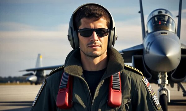 Military fighter pilot in flight uniform. Military pilot against the background of a combat aircraft. Test pilot and supersonic aircraft.