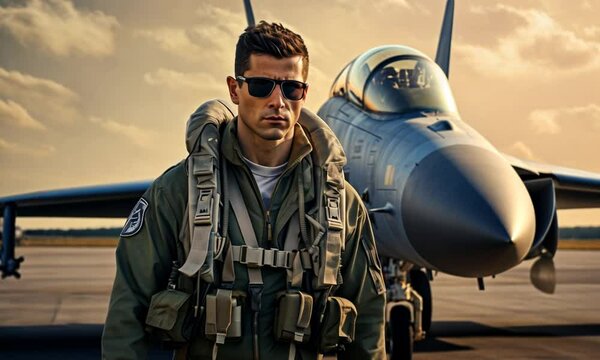 Military fighter pilot in flight uniform. Military pilot against the background of a combat aircraft. Test pilot and supersonic aircraft.