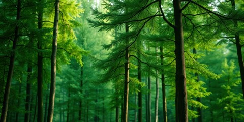 Fototapeta premium Lush green canopy of tall trees in a dense forest, sunlight filtering through the leaves