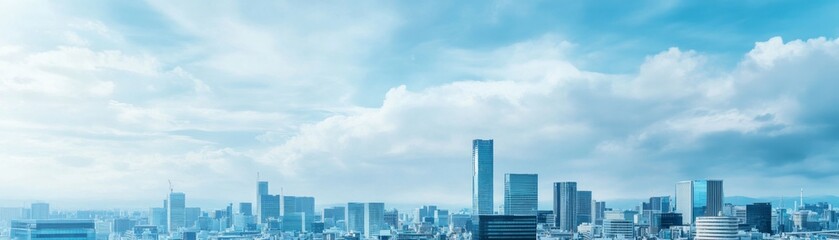 Naklejka premium A Majestic Panorama of a Modern City's Skyline, Bathed in Soft Daylight and Majestic Clouds
