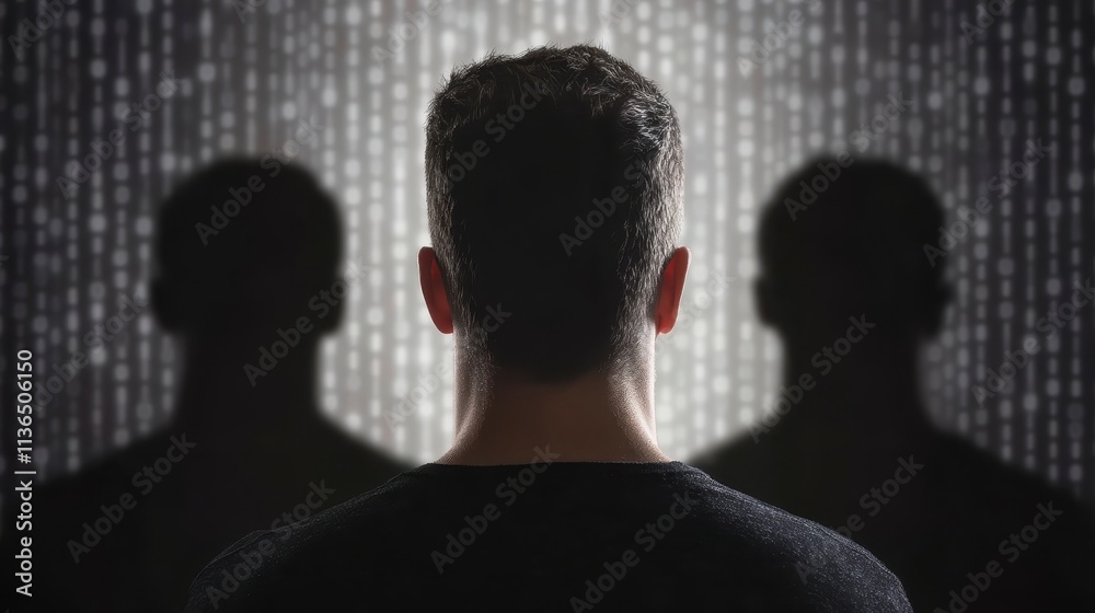 Wall mural anonymous man digital code privacy data security identity shadows cybersecurity surveillance