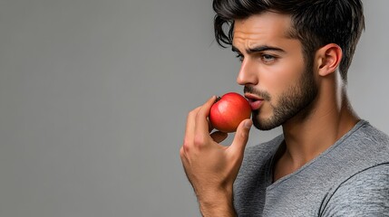 handsome, fit man holding Ramphal in his hand, eating and chewing the fruit while looking at it. He is standing isolated in a studio setting.