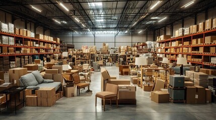 Obraz premium A warehouse filled with furniture and boxes, showcasing the storage space for home decor items. 