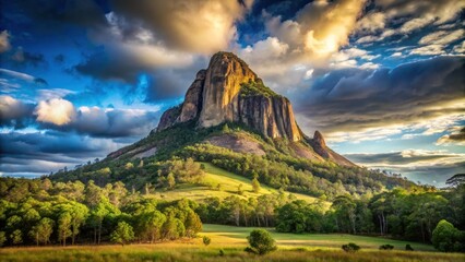 Fototapeta premium Majestic Mountain Peak at Golden Hour with Lush Greenery and Dramatic Clouds