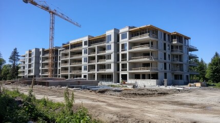 Fototapeta premium Large residential building under construction with multiple cranes