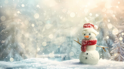 Winter Wonderland Snowman:  A cheerful snowman stands in a snowy winter wonderland, wearing a red knit hat and scarf, with a whimsical and cozy atmosphere.  