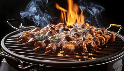 Close-up of delicious grilled skewers with meat and vegetables, sizzling on a barbecue with flames and smoke rising.