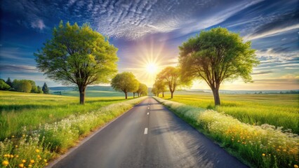 Fototapeta premium Asphalt road lined with trees leading to a radiant sunrise over a picturesque meadow