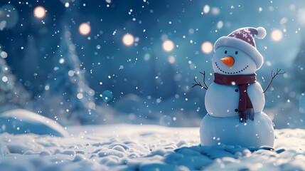 Snowman in Winter Wonderland: A cheerful snowman stands proudly in a snowy winter landscape, illuminated by twinkling lights and falling snowflakes.