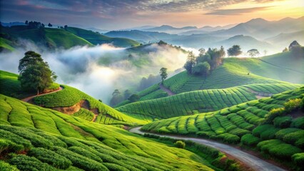 Fototapeta premium Serene Sunrise Over Rolling Green Tea Plantation Hills