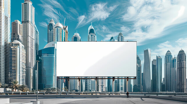 Blank Billboard in Dubai Skyline: A large blank billboard stands prominently against the backdrop of Dubai's iconic skyscrapers, offering a captivating canvas for advertising and design possibilities.