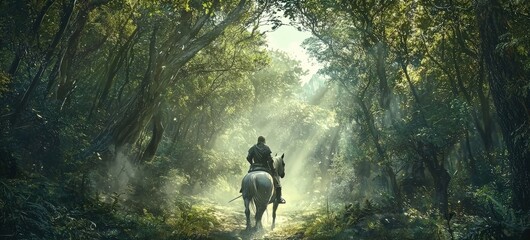 An epic fantasy scene of a knight on horseback entering a mystical forest, cinematic and magical