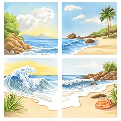 Vibrant Watercolor Collection Depicting Serene Ocean Waves and Tropical Coasts with Lush Greenery and Scenic Beaches for Your Creative Projects