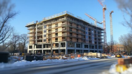 Construction site of an urban building with scaffolding