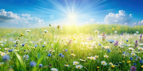 Fototapeta premium Bright Sunny Meadow with Blooming Wildflowers and Lush Green Grass